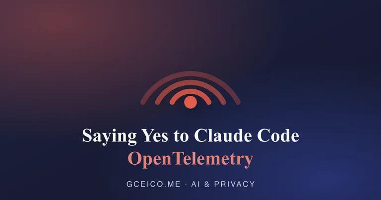 Saying Yes to Claude Code OpenTelemetry — a telemetry broadcast motif on a dark card